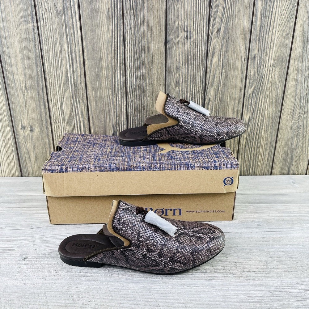 Born Leather Mules Loafers Slip On Brown Snake Print Shoes Womens 7 M NEW